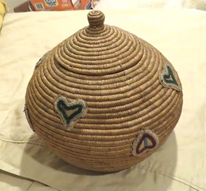 Large Beaded Native American Alaskan Eskimo Lidded Basket 9.0” Dia x 8.5" tall - Picture 1 of 10