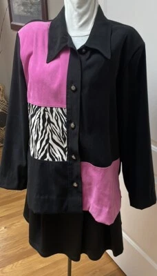 R&K Originals Black Mixed Media Animal Print Microfiber Long Slv Blouse Size 14 - Image 1 of 4