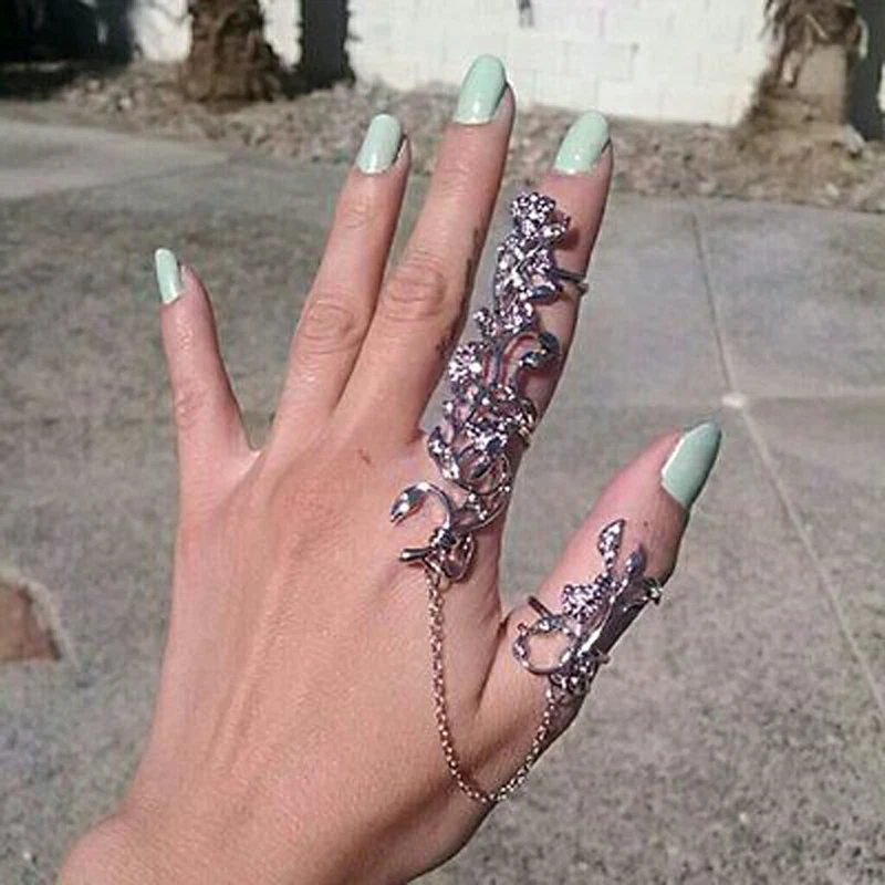 RHINESTONE ROSE LEAF FEATHER CHAIN CONNECT TWO 2 FULL FINGER KNUCKLE ARMOR RING - Image 1 of 1