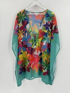 Bleu Rod Beattie Swim Cover Up Womens Medium Blue Tie Sheer Floral Colorful - Picture 1 of 16
