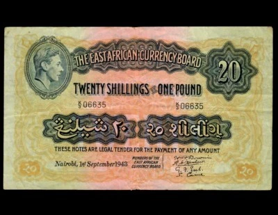 EAST AFRICA 20 Shilling 1943  P-30  VF - Image 1 of 2