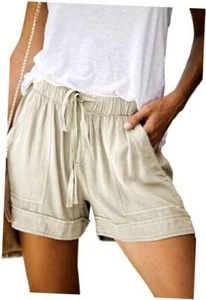 Womens Drawstring Shorts Summer Elastic Waist Casual Lightweight Small Q-khaki - Picture 1 of 6