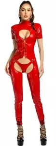 Mono Catsuit Chaps Overall Rosso Con Aperture Inguine Vernice PVC Per Donna - Bild 1 von 3