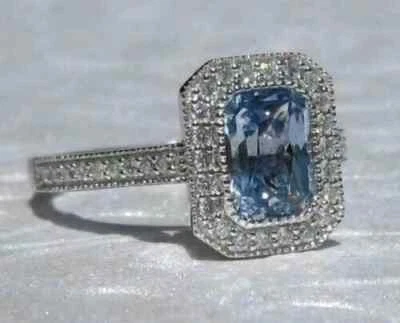 Удивительное помолвочное кольцо из чистого белого золота 14 карат с натуральным бриллиантом аквамарином 3,60 карата - Изображение 1 из 4