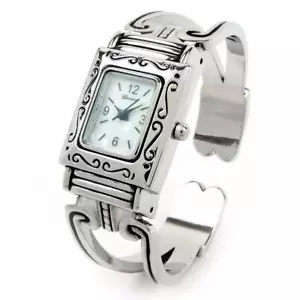 Silver Western Style Rectangle Face Decorated Women's Bangle Cuff Watch - Picture 1 of 1