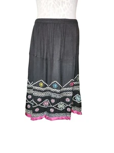 Double-D Ranch Multicolored Embellished Black Tiered & Gathered Midi Skirt Sz L - Picture 1 of 9