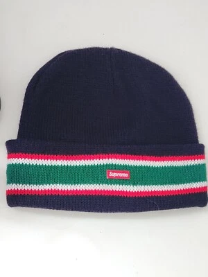 FW16 Supreme Bonnet Rayé À Poignet Bleu Marine Fabriqué Au Canada - Photo 1/4