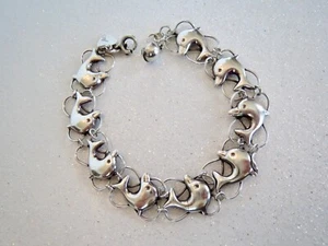 Beautiful! STERLING SILVER DOLPHIN Station BRACELET 7.5" Length 5/8" Wide - Picture 1 of 10