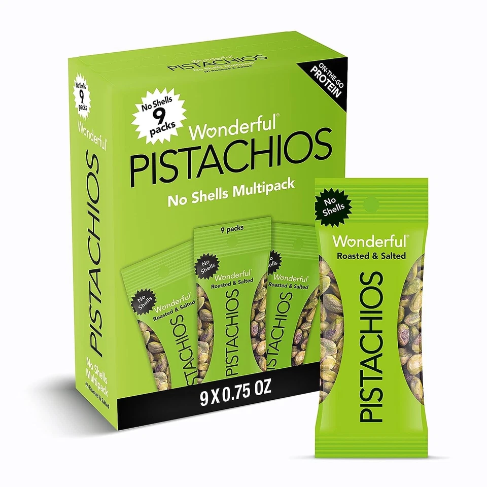 Wonderful PISTACHIOS No Shells Roasted and Salted Nuts 0.75 Ounce Bag Pack of 9