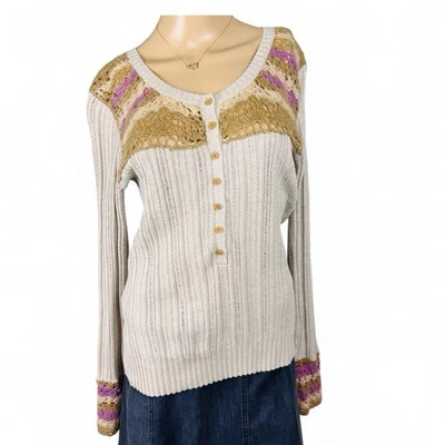 DKNY Women’s Sz M Sweater Cotton w/ Mohair Open Knit Accent Beige - Image 1 of 4