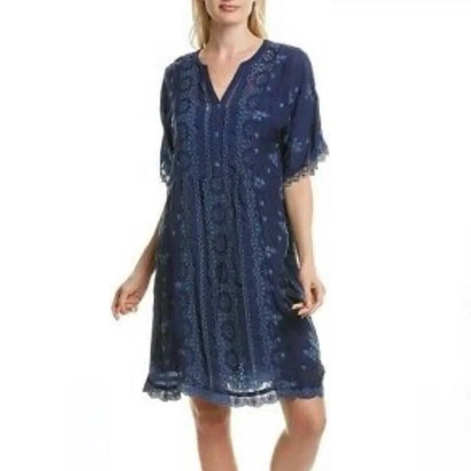 Vestido recto Johnny Was azul bordado ojales manga corta Riza mediano Foto 1 de 4