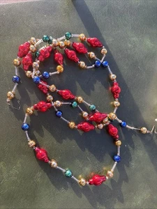 Vintage Czech Mercury ? Glass Beaded Christmas Garland 70” Gold Blue Green Red - Picture 1 of 13