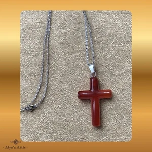 Natur Karneol Achat Fassschliff Kreuz Anhänger Edelstahl Kette 40-45 cm - Bild 1 von 8