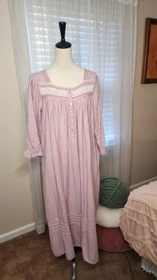 Camisón Eileen West M manga larga rojo blanco azul rayas apagadas mezcla de algodón 47" Foto 1 de 4