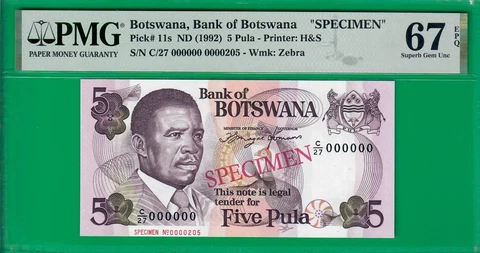 Botswana 5 pula ND(1992), P11s, Superb Gem UNC *67* EPQ, Top POP @ PMG! Cover