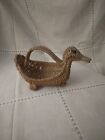 Vintage Wicker Rattan Handled Duck Basket MCM Decor Footed Figural 