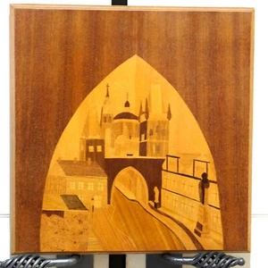 MCM Charmantes Europäisches Dorf Holz Intarsien Wandbehang 16" x 15 1/2" Sehr guter Zustand + - Bild 1 von 8