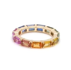 Multi Rainbow Sapphire Gemstone Band Ring 10k Solid Gold Handmade Size Available - Picture 1 of 7