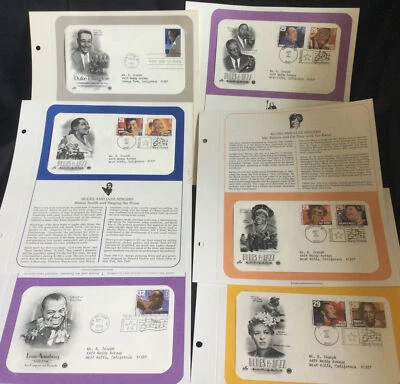 6 Cards w/ Stamped Cachet Envelopes Composers Conductors Blues & Jazz FDC Stamps - Image 1 of 4