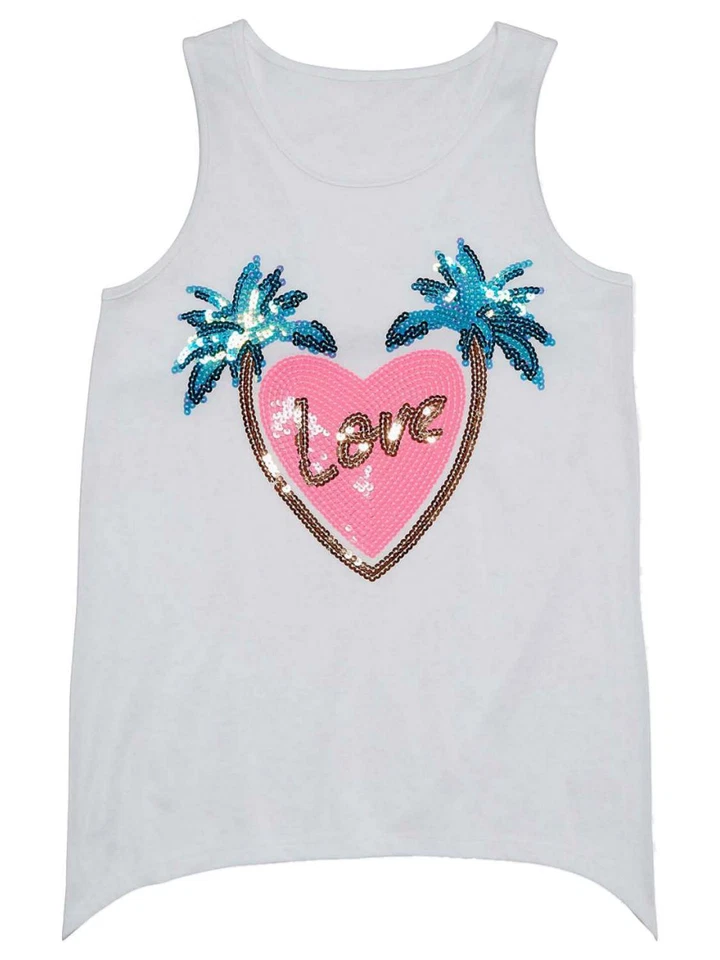 Camiseta sin mangas Love con corazones y palmeras de lentejuelas blancas para niñas Foto 1 de 1