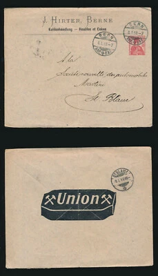 SWITZERLAND 1910 POSTAL STATIONERY ADVERTISING ENVELOPE UNION HIRTER 10c PRINTED - Image 1 of 3