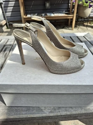 Zapatos de salón JIMMY CHOO Nova Peep Toe Slingback brillo de lujo de diseñador talla EE. UU. 7 UE 37 Foto 1 de 4