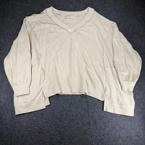 We The Free Oversized V Neck Pullover Sweatshirt Womens XL Beige Cotton Cropped - Picture 1 of 9