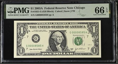 2003A $1 PMG 66 EPQ – Low Serial Super Fancy GEM NEW G000008585H – Chicago FRN - Image 1 of 3