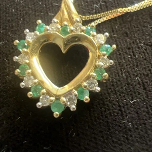 Vintage Diamant Smaragd offenes Herz Halskette Anhänger 14K Gelbgold, 3,62 Gramm - Bild 1 von 11