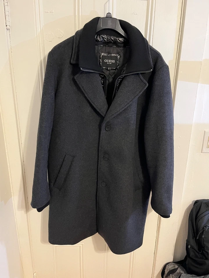 Mens XXL Guess Long Pea Coat Charcoal - Image 1 of 4