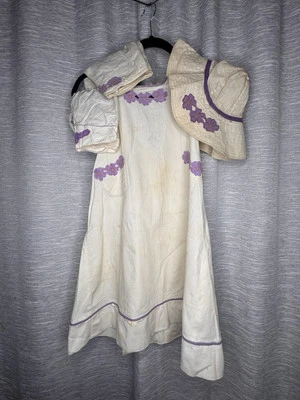 Antique 1930’s Floral Linen Childs Dress Sundress Bloomers Bonnet Purple Flowers - Image 1 of 4