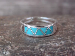 Zuni Indian Sterling Silver Turquoise Inlay Ring by Peina- Size 10 - Picture 1 of 5