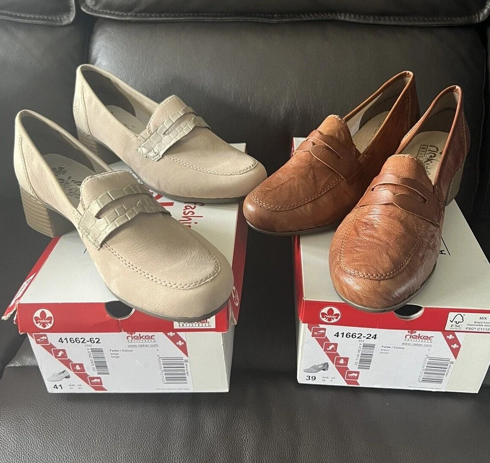Rieker Heeled Loafer Shoes, Beige/Cream or Brown/ Tan, UK 6 or 7 - Image 1 of 1