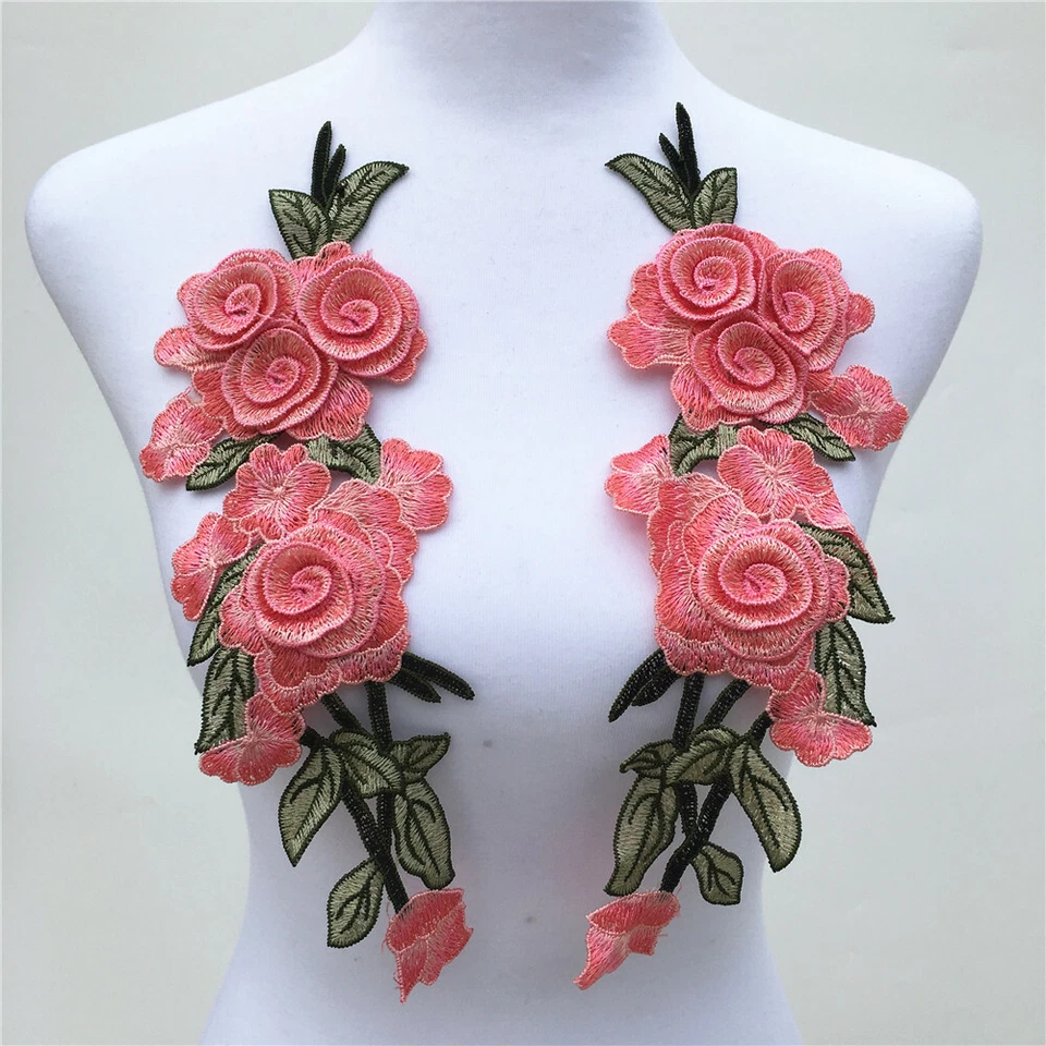 1 Pair Rose Flower Embroidery Sew On Patch Cloth Floral Collar Garment Applique - Image 1 of 2