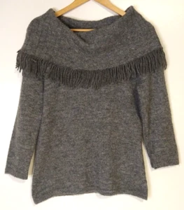 Marisa Christina Womens Medium Wool Blend Off Shoulder Fringe Gray Sweater - Picture 1 of 8