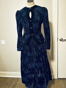 Vintage Jessica McClintock Dress 6 Black Velvet Blue Glitter Floral/ Snowflake - Picture 1 of 22
