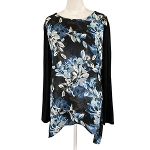 Chico's 2 L Long-Sleeve Floral Top Layered Hem Black w/ Blue White Flowers - Picture 1 of 12