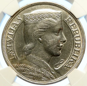 1931 LATVIA Female Headwear Vintage OLD Silver European 5 Lati Coin NGC i106580 - Picture 1 of 5