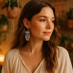 Orecchini Gufo Artigianale Boho - Pendente Tono Argento - Stile Stravagante Artigianale - Foto 1 di 6