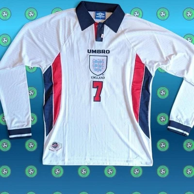 UMBRO David Beckham England 1998 Retro Jersey #7 – Three Lions Shirt (Size L)