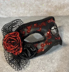 Maschera Giorno dei Morti - Paillettes, Pizzo, Rose Nero/Rosso - Costume Festa in Maschera - Foto 1 di 6
