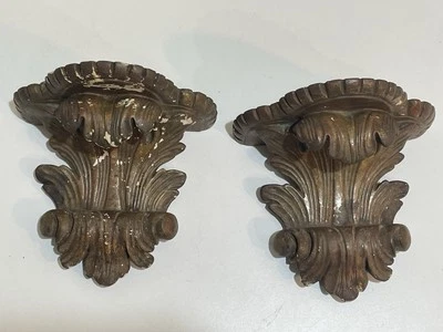 2 Antique Corbels Gilt Plaster Acanthus Leaf Wall Bracket Shelf Vtg - Image 1 of 4