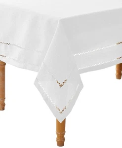 Hem Stitch Embroidered Vintage Design Tablecloth White 68" by 108" Oblong/Rec... - Picture 1 of 2
