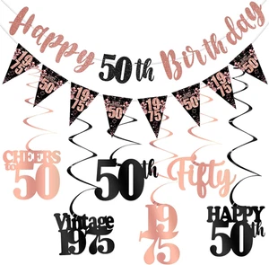 50Th Birthday Decorations for Women, Black Rose Gold Happy 50Th Birthday Banner - Picture 1 of 12
