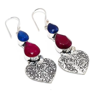 Red Simulated, Blue Jade Gemstone 925 Sterling Silver Jewelry Earring 2.56 " - Picture 1 of 5