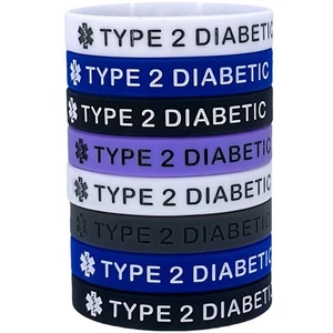 5 Pack Adult Size Diabetes Wristbands Type 2 Diabetic Silicone Bracelets - Picture 1 of 18