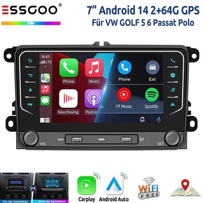 7" Autoradio Android 14 Carplay Per VW GOLF 5 6 Touran Passat Tiguan GPS NAVI - Immagine 1 di 4