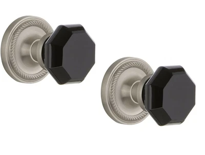 怀旧仓库绳子 Rosette Passage 华尔道夫黑色门把手缎面镍 — 第 1/2 张图片