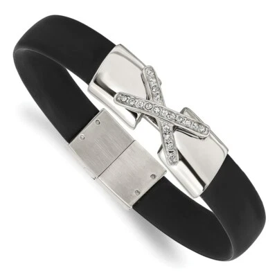 Stainless Steel Polished CZ Silicone Band Bracelet - Image 1 of 4