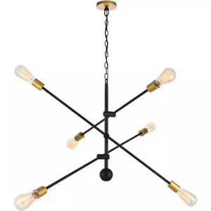 BLACK AND BRASS LIVING DINING ROOM KITCHEN ISLAND CHANDELIER FIXTURE 6 LIGHT 42" - Picture 1 of 9